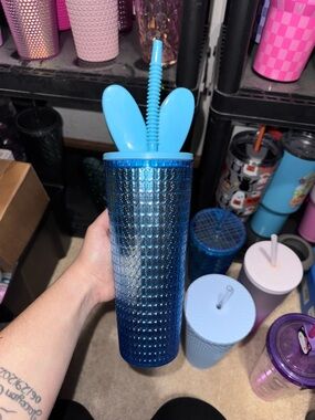 Tall Blue Textured Bunny-Ears Tumbler with Straw